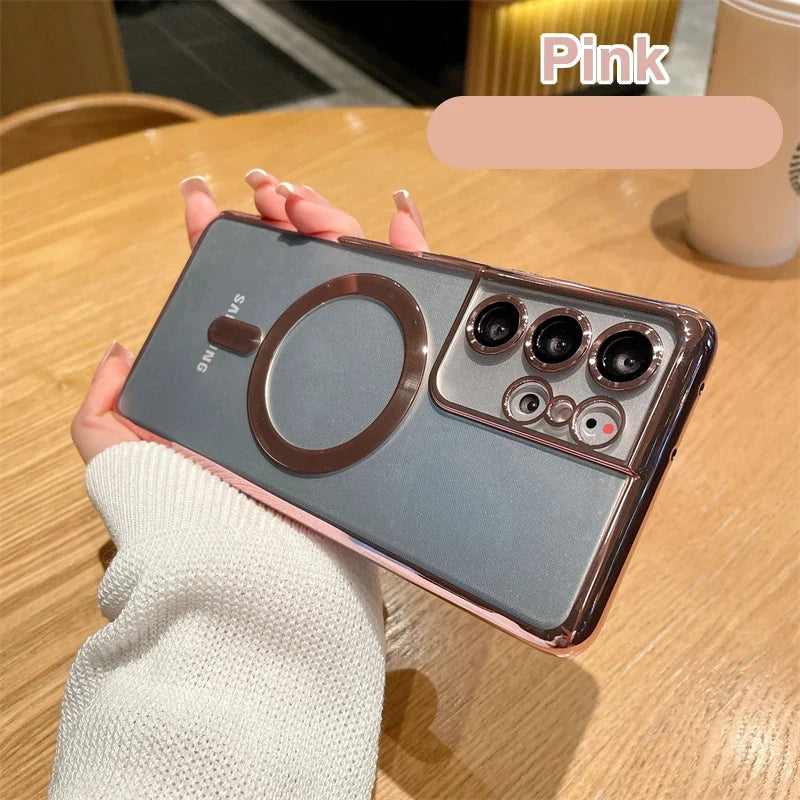 MagSafe Magnetic Plated Phone Case - 4K Glass Full Camera Protection Cover for Samsung Galaxy S24 Ultra S23 FE S22 Plus S21 Series