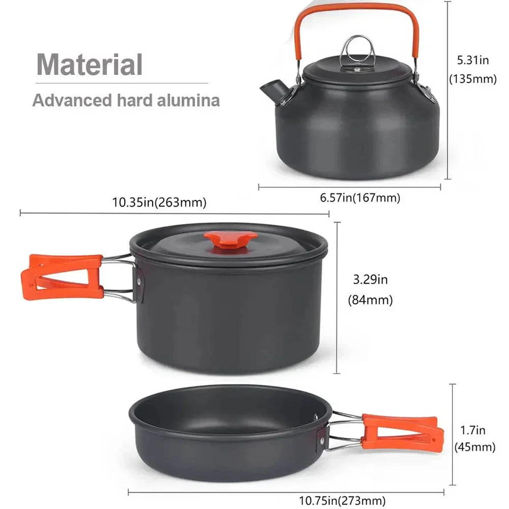Camping Cookware Set — Non-Stick Cooking Pots, Teapot & Travel Tableware for 2-3 People, Outdoor Picnic Set