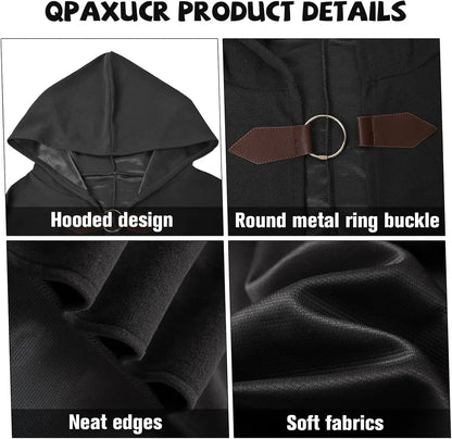 Men’s Medieval Hooded Cloak – Round Metal Buckle with Green Leaf Brooch Necklace for Halloween Costume