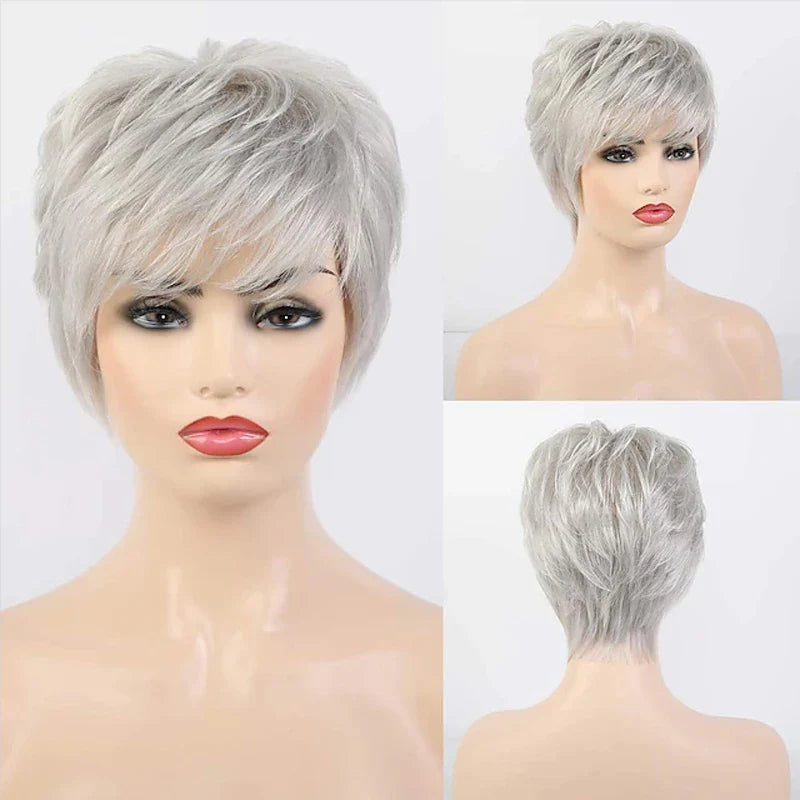 HAIRJOY Short Grey Wigs for Women – Mixed Gray & Silver Curly Wig with Bangs, Synthetic Short Hair Wig for Grandma