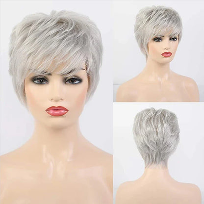 HAIRJOY Short Grey Wigs for Women – Mixed Gray & Silver Curly Wig with Bangs, Synthetic Short Hair Wig for Grandma
