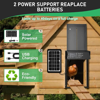 Solar-Powered Auto Chicken Coop Door – Automatic with USB Charging, 4 Modes, Timer & Light Sensor