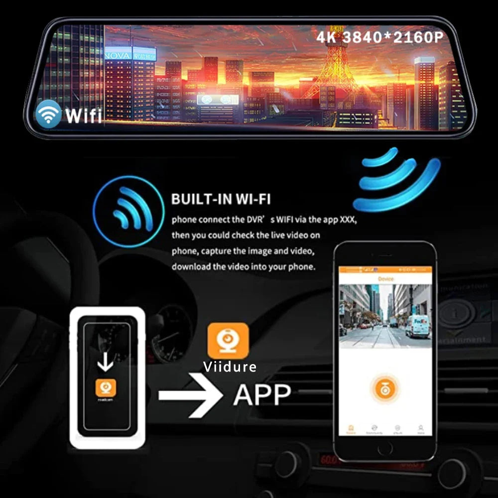 10'' 4K Mirror Dash Cam with GPS & WiFi – Dual Lens Car DVR, IPS Screen, Rearview Streaming Recorder
