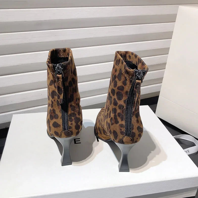 Leopard Print Women’s Ankle Boots – Fashionable High Heel Short Booties, Elegant Dancing & Party Prom Shoes