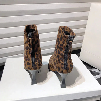Leopard Print Women’s Ankle Boots – Fashionable High Heel Short Booties, Elegant Dancing & Party Prom Shoes