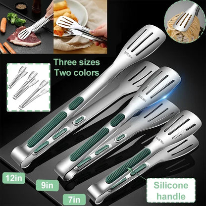 Non-Slip Stainless Steel Kitchen Tongs - Multipurpose Food Clips for BBQ, Meat, Buns, Buffet, Cooking Accessories in 7/9/12 Inches