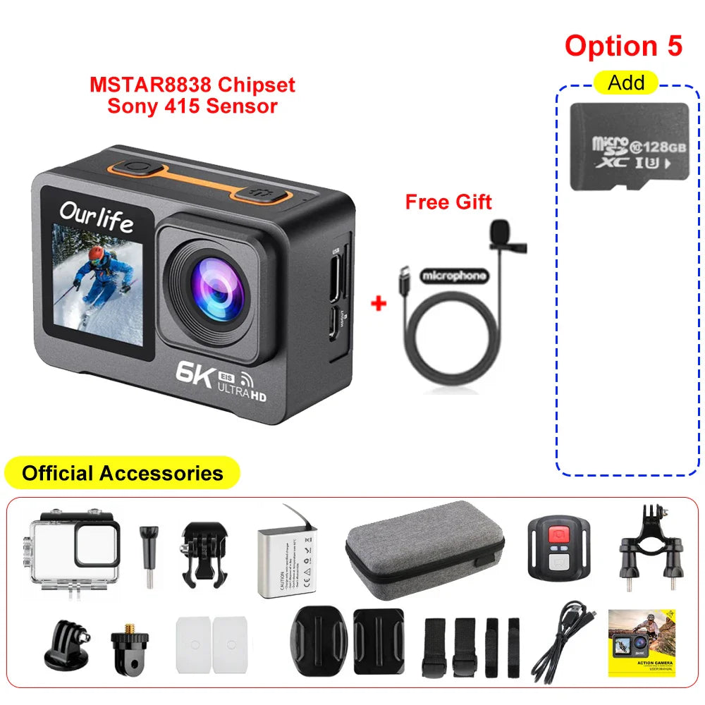 6K 4K60FPS Action Camera – 50MP Dual Screen, 2.0" Touch LCD, EIS, WiFi, 170° Lens, 30M Waterproof, 5X Zoom with Remote