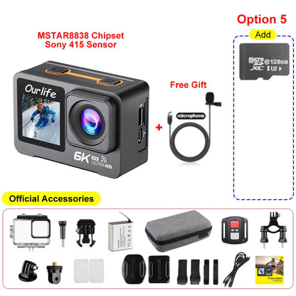 6K 4K60FPS Action Camera – 50MP Dual Screen, 2.0" Touch LCD, EIS, WiFi, 170° Lens, 30M Waterproof, 5X Zoom with Remote