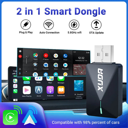 XUDA 2-in-1 Wireless CarPlay & Android Auto Mini Box - Plug & Play, Automatic Connection for 99% of Cars