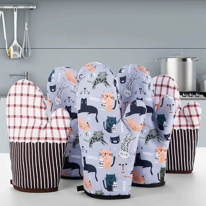 2PCS Cat Print Microwave Oven Mitts – Thickened Heat-Resistant Soft Cotton Gloves for Baking & Kitchen Use