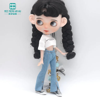 Blythe Doll Clothes – Fashion Tops, Black & White Shirts with Jeans & Plaid Pants for Azone OB22/OB24 Dolls