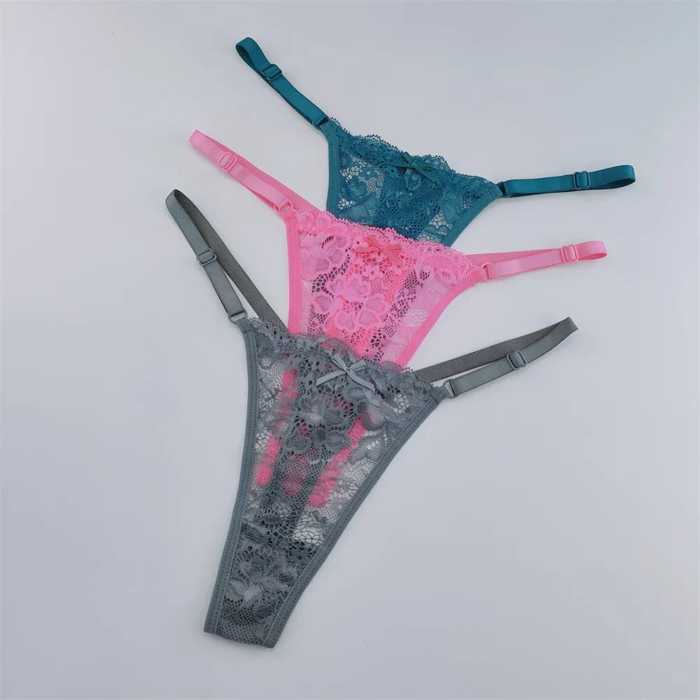 Women's Lace Thong Set - 3-Piece Low Waist Breathable Sheer G-String Lingerie