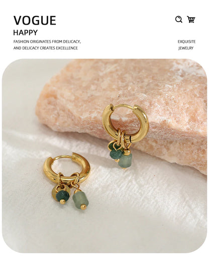 YACHAN 18K Gold-Plated Stainless Steel Hoop Earrings — Vintage Green Stone Charms, Trendy Waterproof Jewelry for Women