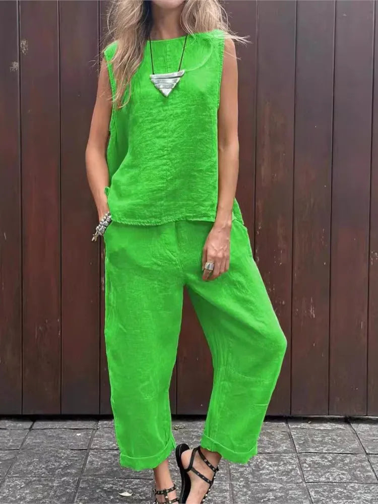 Women Summer Cotton Linen 2-Piece Set – Sleeveless Solid Color Top & Trousers Casual Fashion Outfit Suit