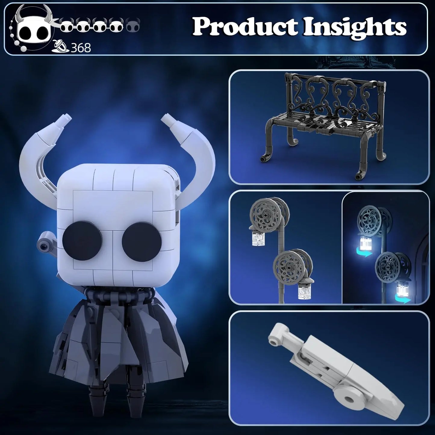 370PCS Hollow Knight Building Blocks Set – Ghost Model with Street Lighting, DIY Educational Toy for Kids