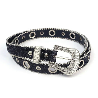 Y2K Women’s PU Leather Rhinestone Belt – Adjustable Glitter Crystal Waistband for Club & Party