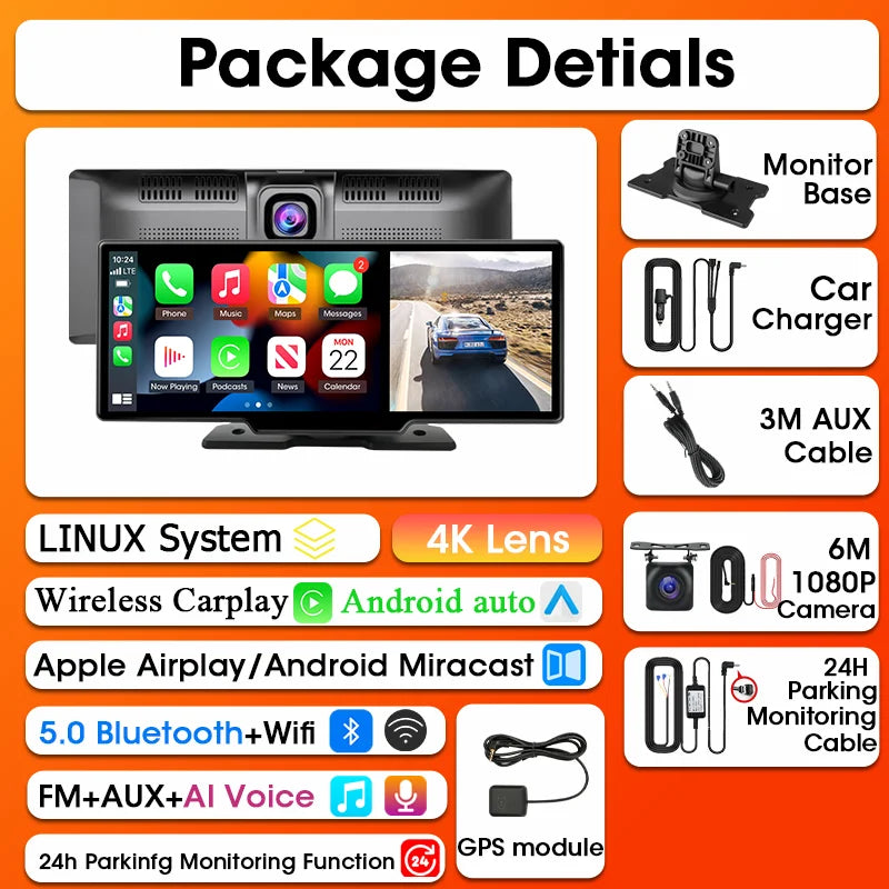 Srnubi 10.26 Inch Dash Cam Rearview Mirror - CarPlay & Android Auto DVR with GPS Navigation, Video Dashboard Monitor