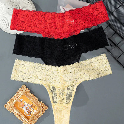 3PCS Lace Floral Women’s Panties - Low Waist Breathable Briefs & Thong, Sexy G-String Transparent Underwear (M-2XL)