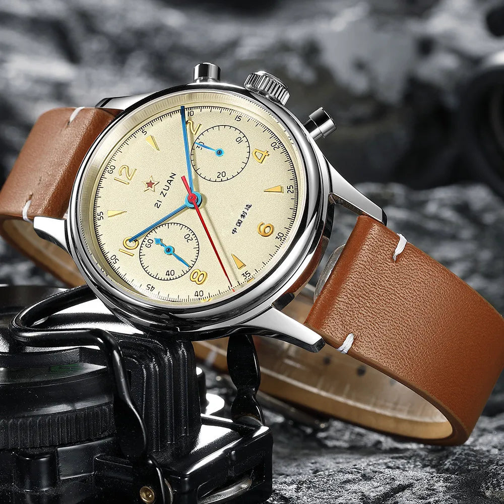 RED STAR 1963 Men's Chronograph Watch - 38mm Pilot Design with Seagull ST1901 Movement & Sapphire Glass