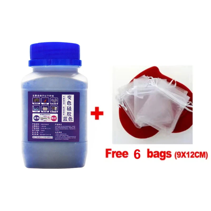 250g + 6 Bags Reusable Silica Gel Beads — Waterproof Moisture Absorber for Electronics, Dehumidifier & Humidity Control