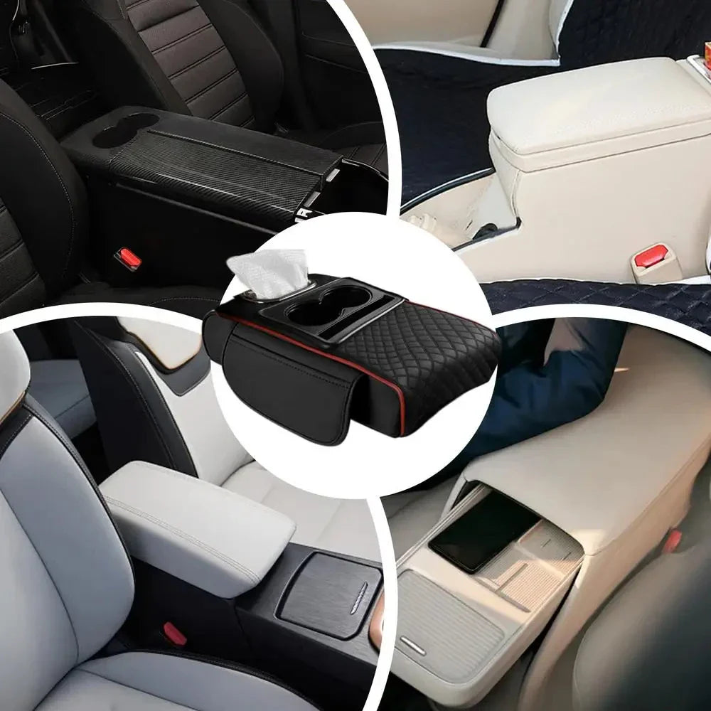 Auto Center Console Armrest Cushion Heightening Pad – All-Season Car Armrest Pillow with Dual Cup Holders & Comfort Cover