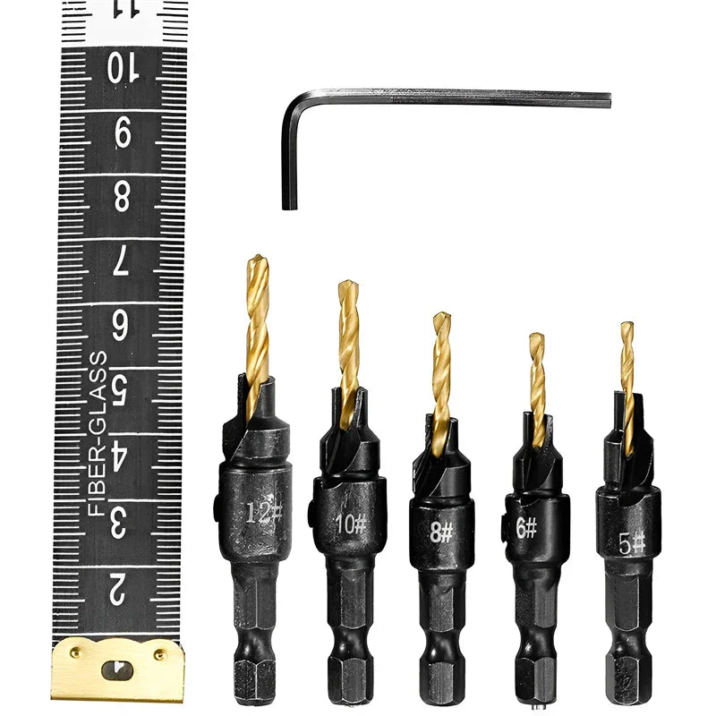 5pcs Countersink Drill Bit Set – Woodworking Pilot Hole Drills for Screw Sizes #5, #6, #8, #10, #12