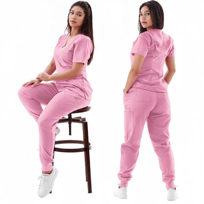 Multicolor Jogger Suit Nurse Scrubs Set - Medical Clinical Clothes with Short Sleeve V-Neck Tops and Pocket Pants, Doctor Nursing Uniforms