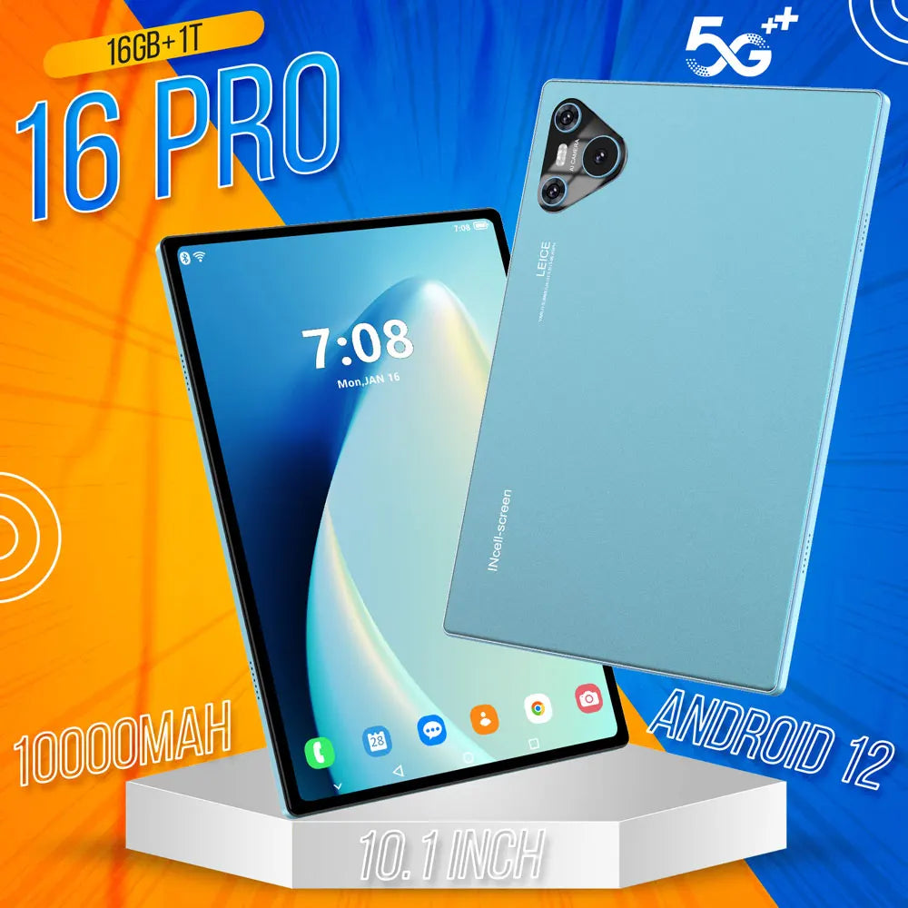 16 Pro 10.1" Android Tablet – HD Display, Android 12, 4G/5G Dual SIM, GPS, 10000mAh for Kids