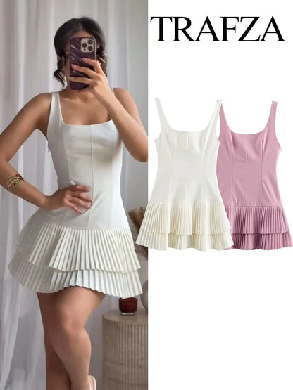 TRAFZA Women’s Square Collar Sleeveless Mini Dress – Summer Pleated Solid Color Slim High Street Chic Dress
