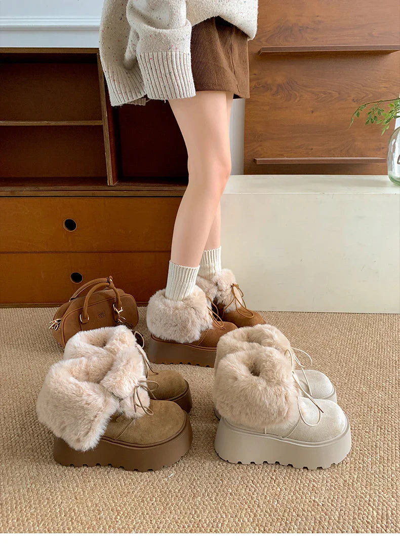 Women’s Winter Chunky Sole Fur Snow Boots – Cozy Height-Boosting Cotton Short Booties