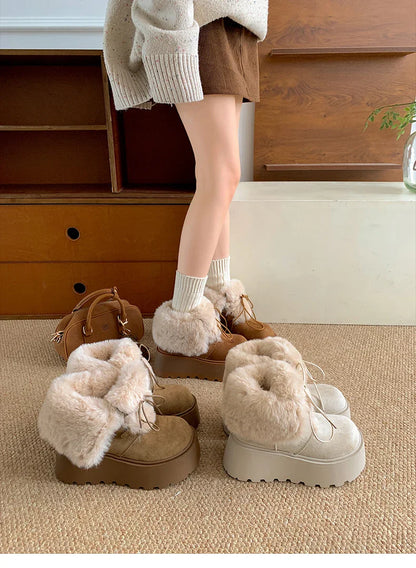 Women’s Winter Chunky Sole Fur Snow Boots – Cozy Height-Boosting Cotton Short Booties