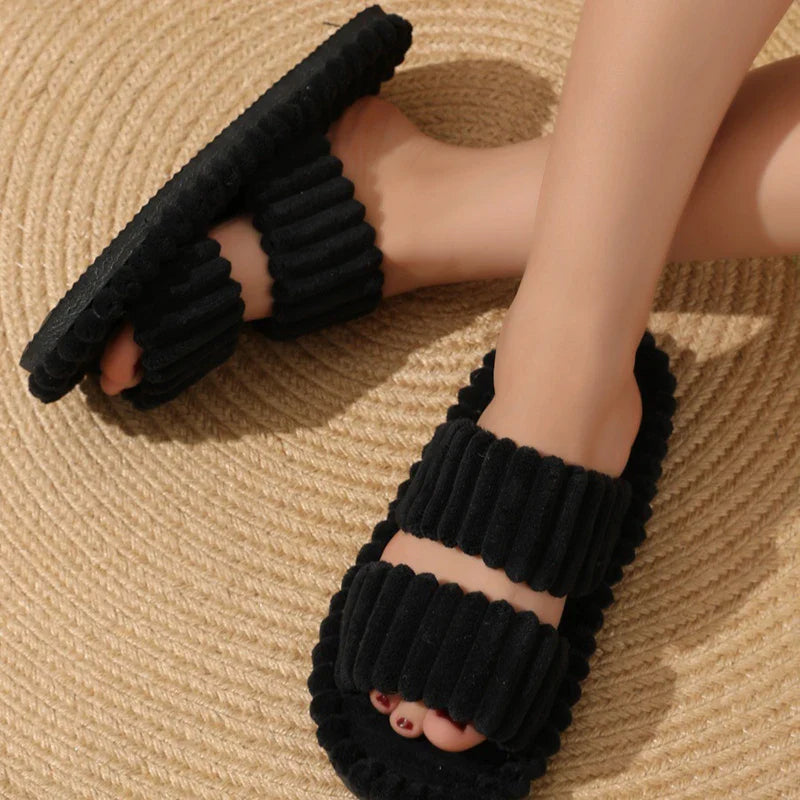 Women’s Corduroy Fuzzy Home Slippers – Lightweight Open Toe Non-Slip Plush Indoor Floor Slides for Autumn & Winter