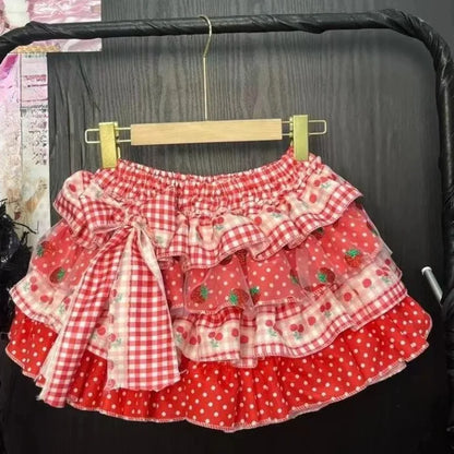 Japanese Kawaii Polka Dot Skirt - Y2K Bow Print Mini Skirt with Puffy Lolita Style