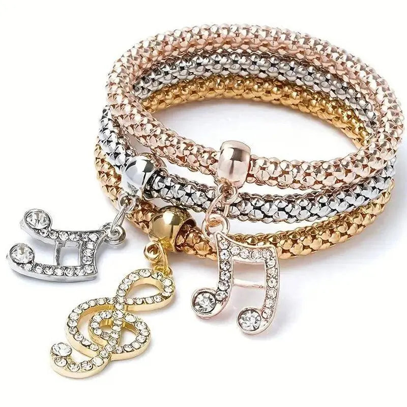 3PCS Women’s Charm Bracelet Set – Heart Lock, Key, Music & Owl Rose Gold & Silver Chain Bangles Jewelry