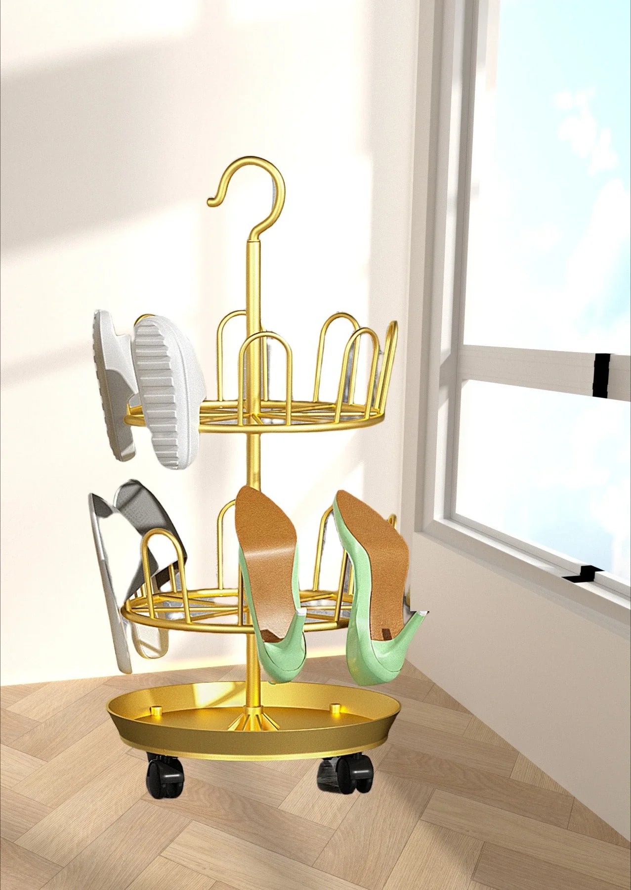 Drying Shoe Rack with Drain Plate – Floor-to-Ceiling Rotating Shoe & Slipper Hanger, Balcony Storage Shelf Organizer