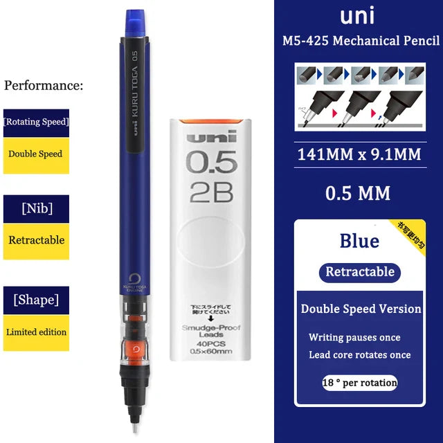 UNI KURU TOGA M5-452 Mechanical Pencil 0.5mm – Rotating Lead Automatic Pencil for Continuous Writing & Sketching