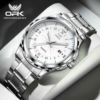 OPK Men's Quartz Watch — Steel Belt Dual Calendar Wristwatch Model 6003