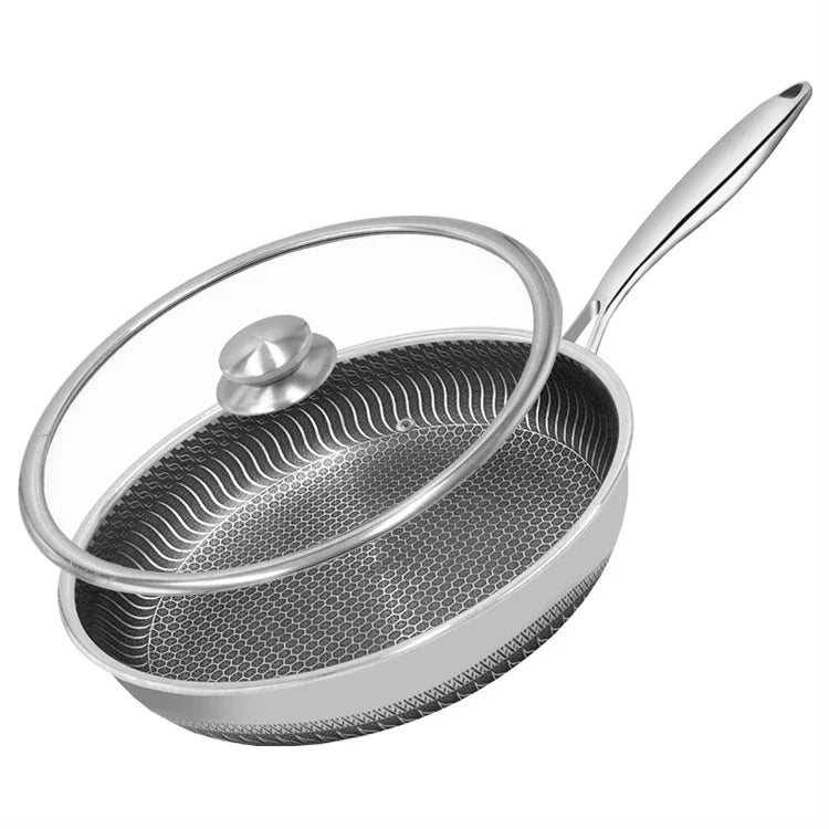 LMETJMA Stainless Steel Nonstick Frying Pan with Honeycomb Surface - Includes Lid, Compatible with Induction, Ceramic and Gas Cooktops - Model KC0480