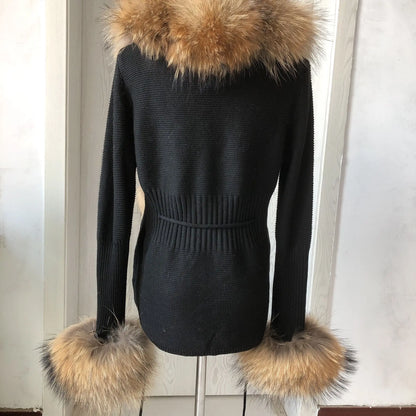 Women’s Spring & Autumn Sweater Cardigan – Real Fox Fur Collar Jacket, Natural Fur Outerwear