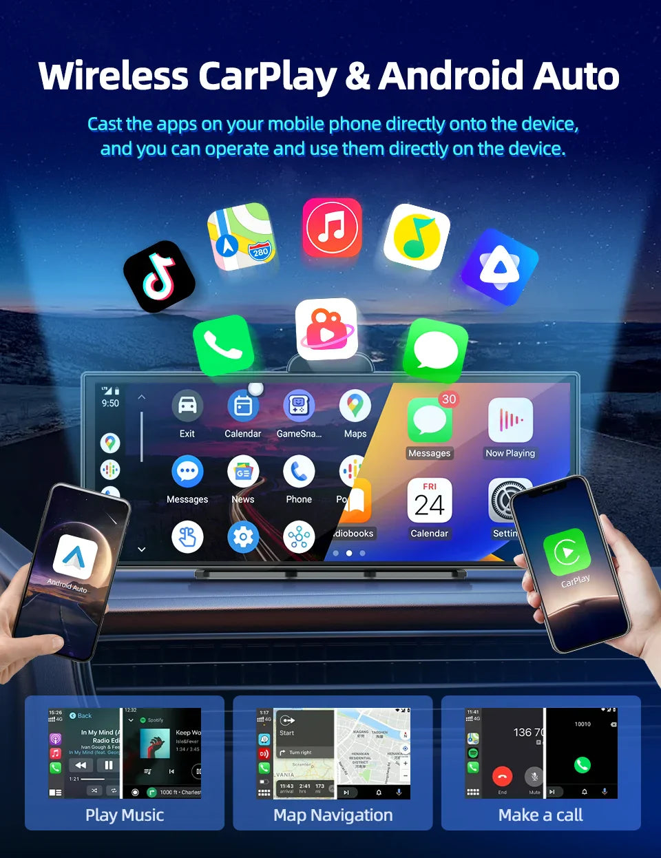 Imagebon 11.4″ H70 Pro 4K QLED Dash Cam - Wireless CarPlay & Android Auto, Dual Recording, Night Vision Car DVR