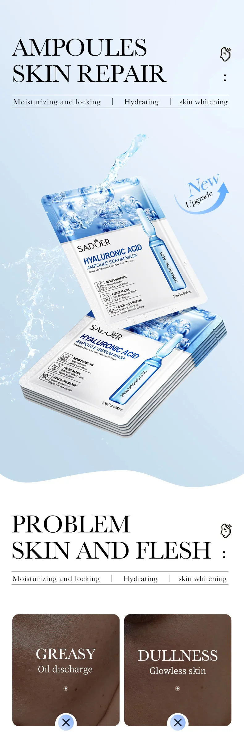 10pcs SAODER Hyaluronic Acid Face Masks – Hydrating, Moisturizing & Firming Skincare