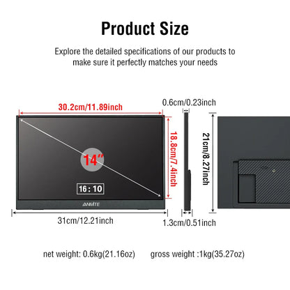 14-Inch Portable Touch Monitor – Non-Touch Optional 16:10 400cd/m² Gaming Display for Xbox, PS4/PS5, Switch & Laptop