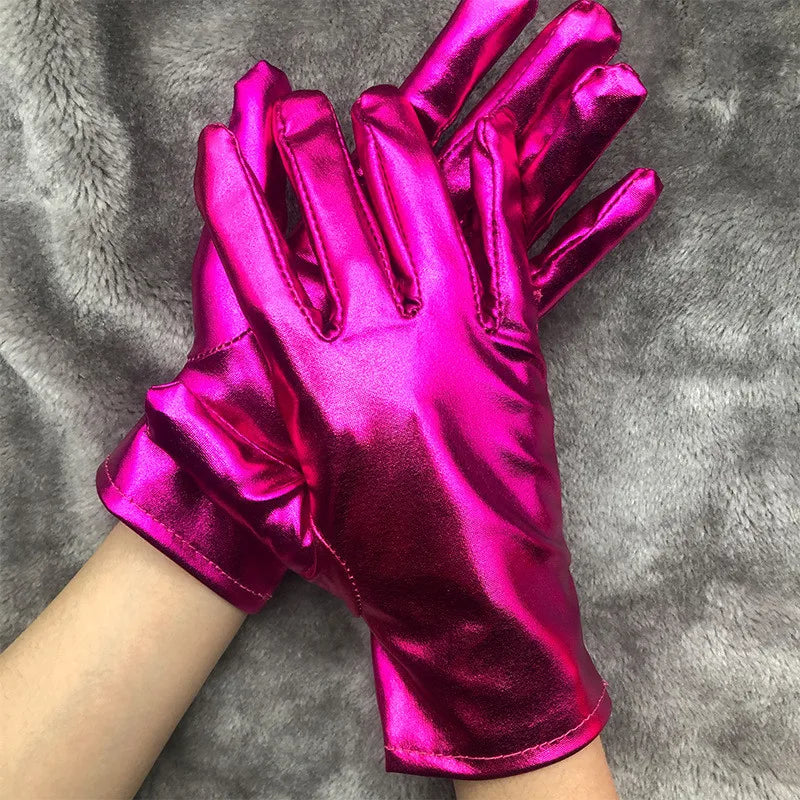Gold Silver Metallic Faux Leather Short Gloves – Sexy Wet Look Party, Evening & Performance Mittens Handwear
