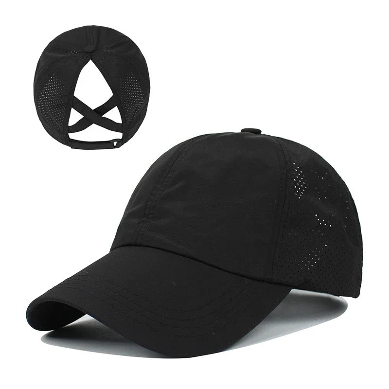 Summer Solid Color Baseball Cap – Quick-Drying Mesh Golf & Sports Hat for Women, Cross Ponytail Design, Men's Peaked Cap