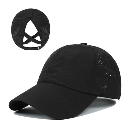Summer Solid Color Baseball Cap – Quick-Drying Mesh Golf & Sports Hat for Women, Cross Ponytail Design, Men's Peaked Cap