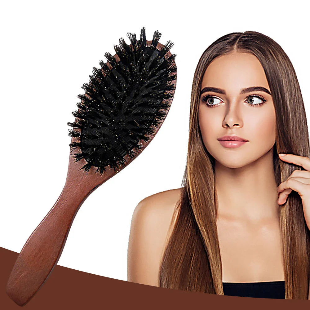 Natural Boar Bristle Hair Brush — Anti-Static Wooden Oval Comb for Women’s Hair Styling