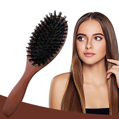 Natural Boar Bristle Hair Brush — Anti-Static Wooden Oval Comb for Women’s Hair Styling