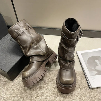 2023 New Women's Mid-Calf Boots – Fashion Belt Buckle, Side Zipper, Round Toe, High Quality