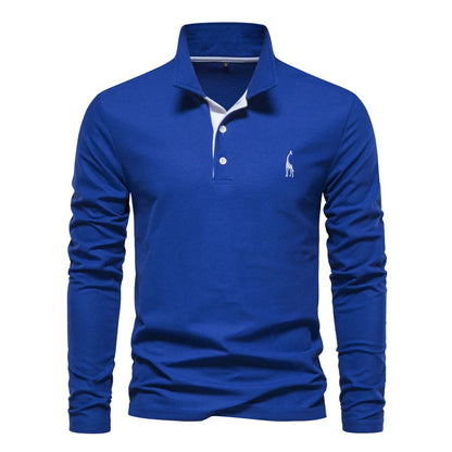 Men's Long Sleeve Embroidered Polo Shirt - Business Casual Solid Color Deer Design