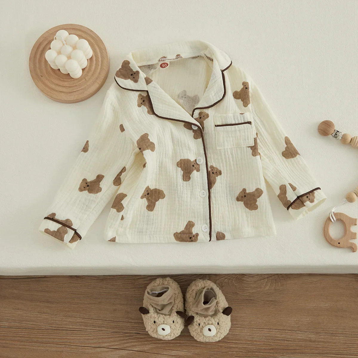 VISgogo Kids Unisex Cotton Linen Pajama Set - Bear Print Long Sleeve Top & Pants, Casual Spring Outfit